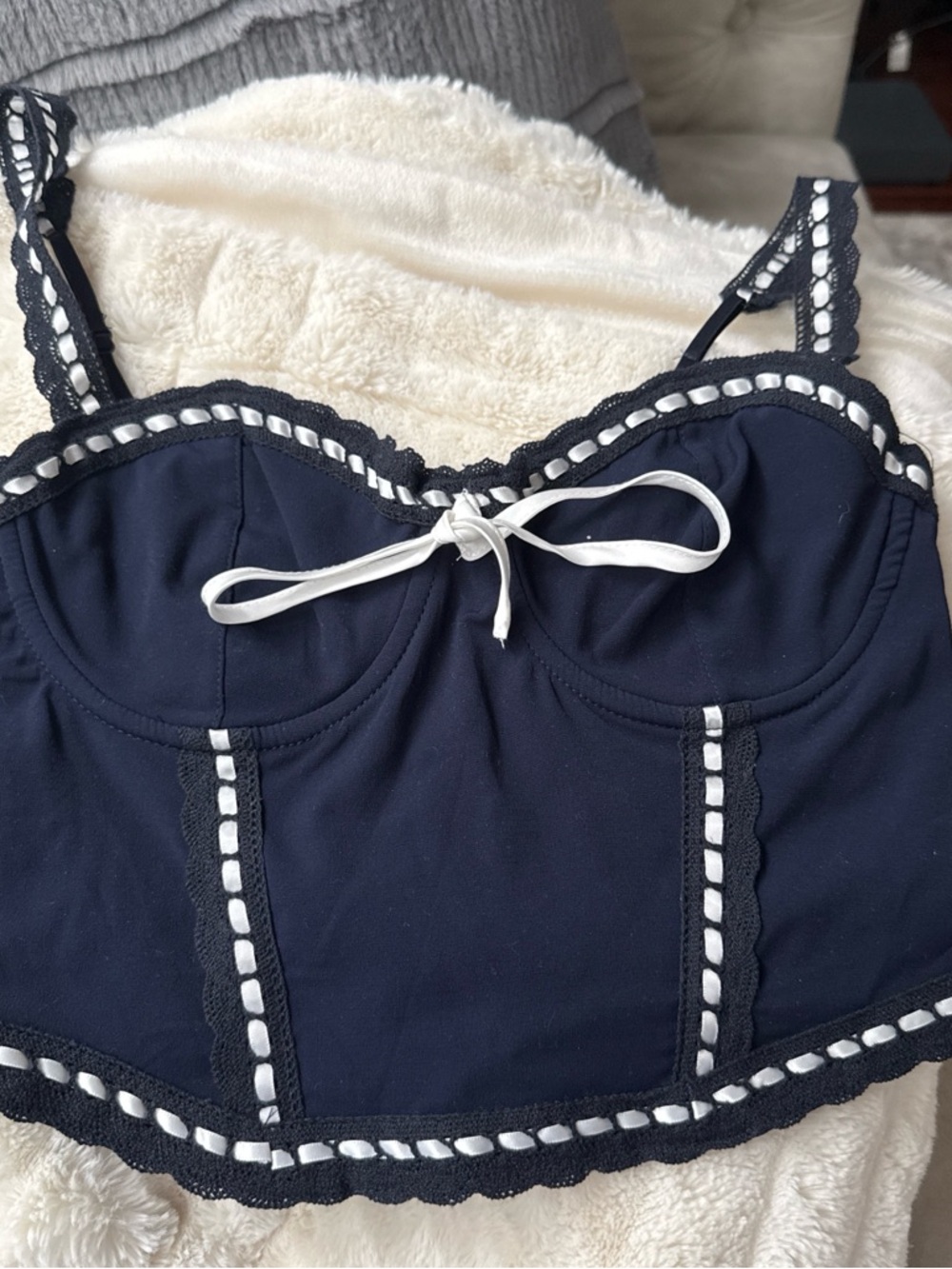 Garage Navy Bustier Camisole with White Ribbon Trim